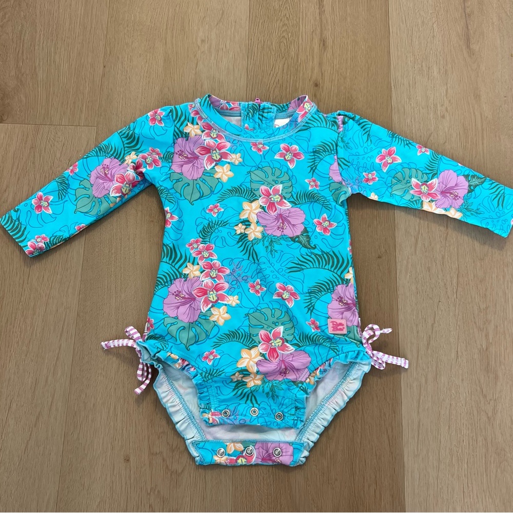 Ruffle Butts Swimsuit One Piece Long Sleeve Tropical Floral 12-18 months blue